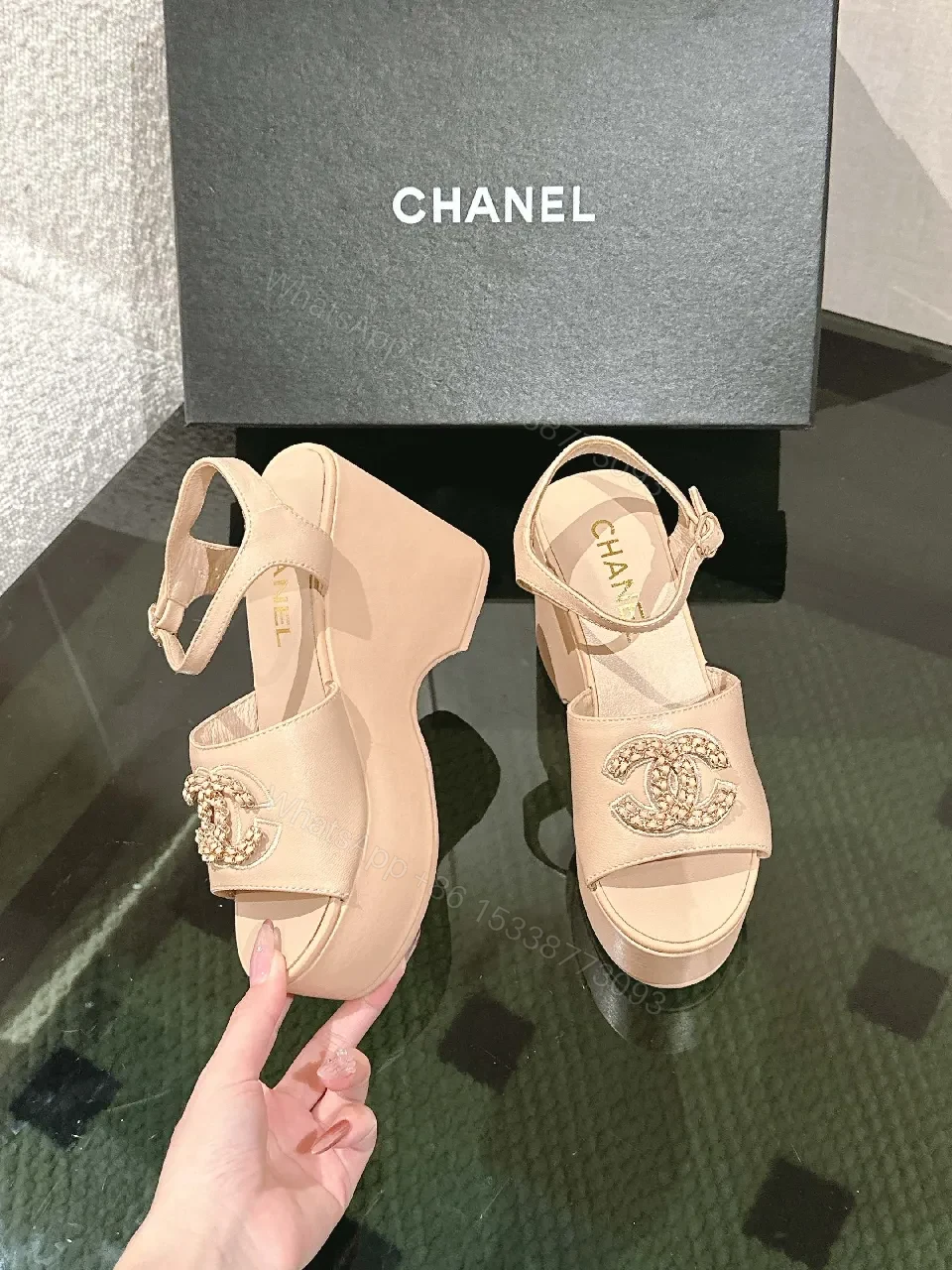 View 7 of Soft Pink Platform Sandals with Signature Emblem Themed Leather