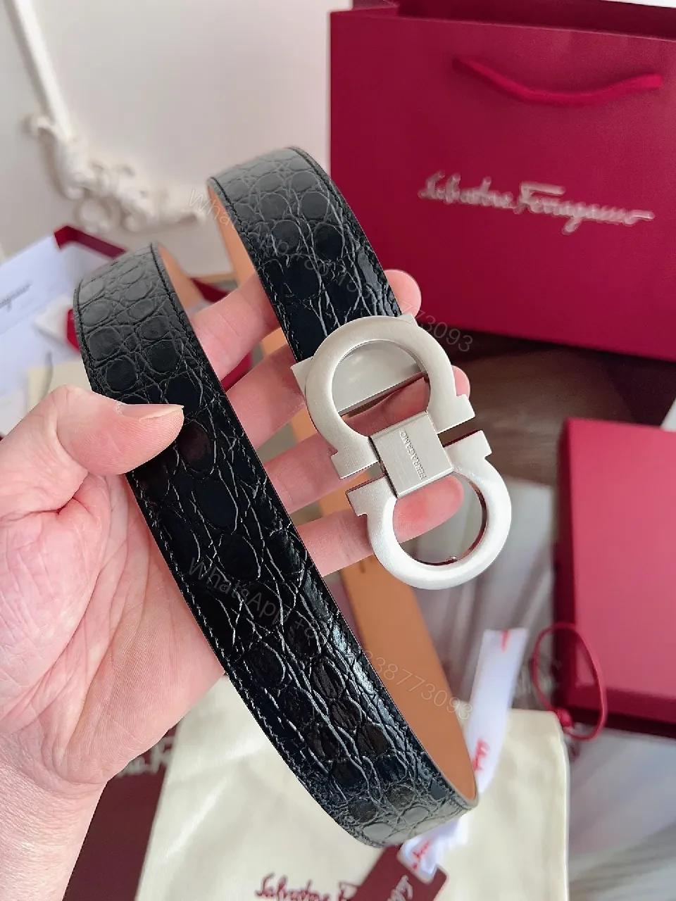 View 9 of Nude Leather Croc-Texture Belt with Matte Hardware