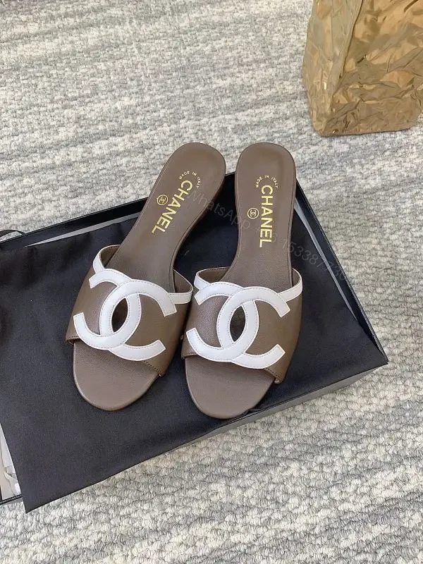 Taupe Faux-Leather Logo Slides: Luxury Everyday Comfort — view 1