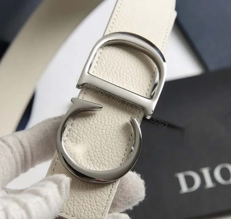 View 8 of Cream Leather Dior-Inspired Double-Ring Belt - Luxury Calfskin
