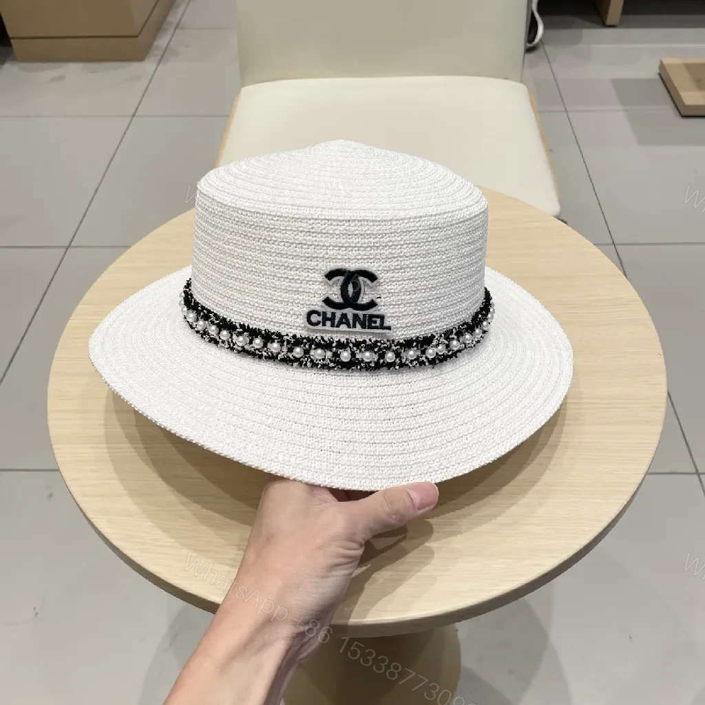 View 9 of White Straw Hat - Braided Texture, Chain Detail, Wide Brim