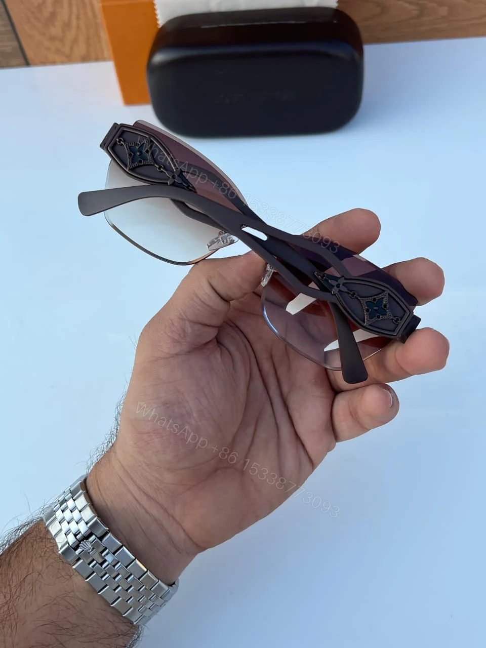 View 4 of Louis Vuitton Rimless Aviator Sunglasses Brown Gradient
