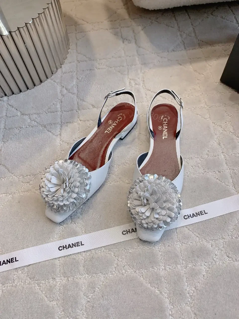 View 2 of White Floral Slingback Pumps - Couture Comfort, Pointed Toe, Block Heel
