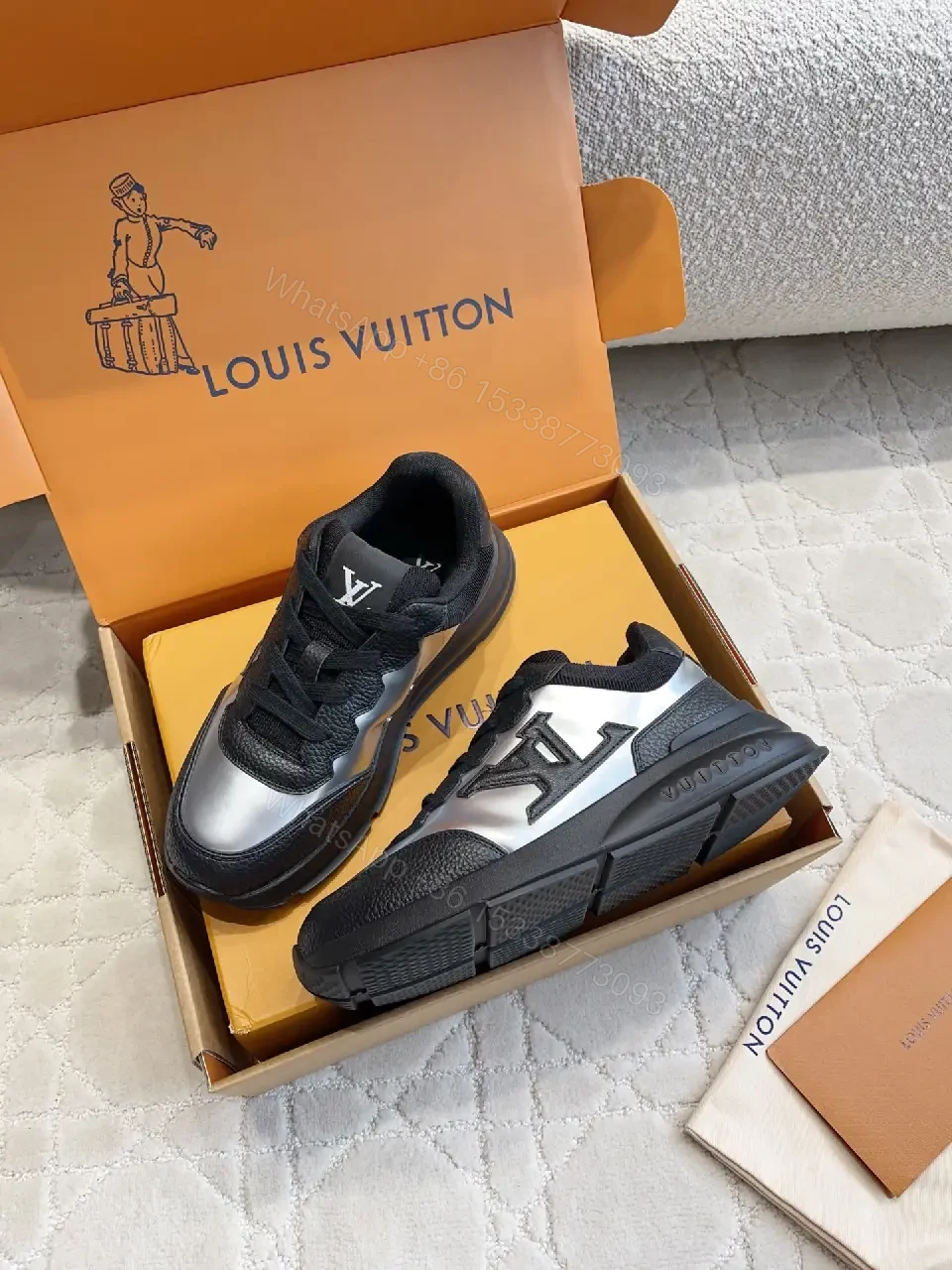 View 7 of Black Silver Leather Chunky Sneakers with LV Logo, Louis Vuitton Style