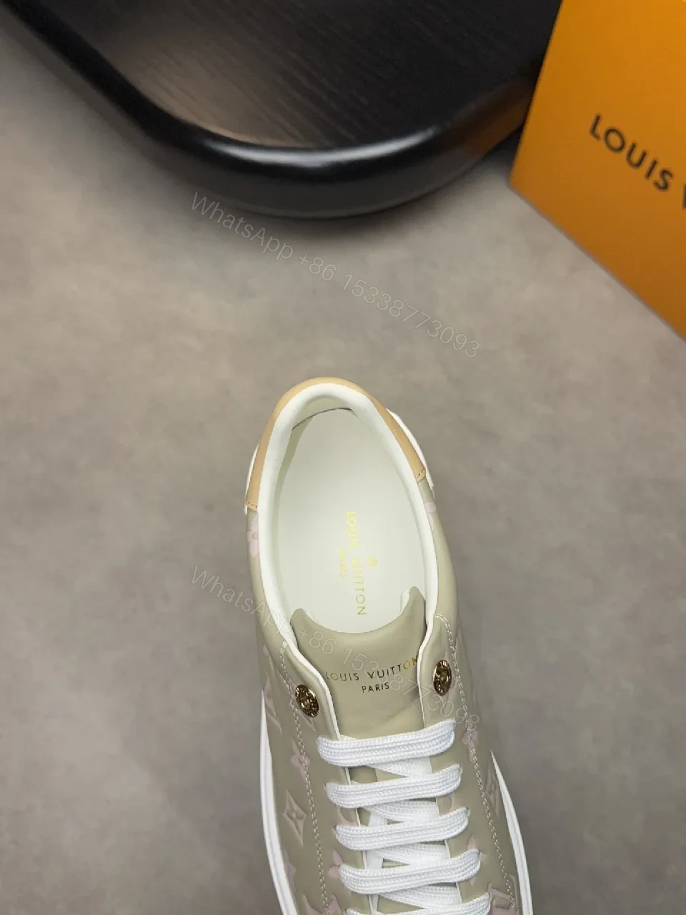 View 9 of Taupe Monogram-Accent Low-Top Sneakers with Subtle Shine