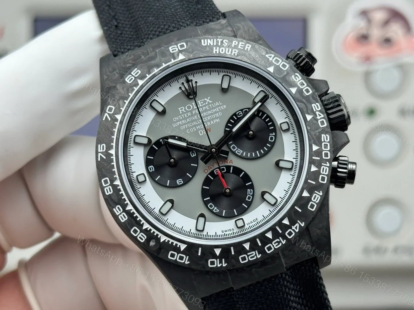 View 4 of Rolex Daytona Carbon Fiber Panda Replica 40MM Premium Black Fabric Strap R74-BLACK-WHITE