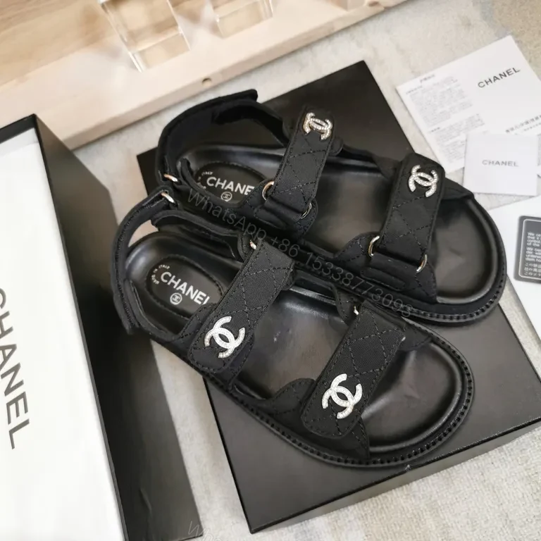 View 5 of Chanel-Inspired Black Leather Sandals with Logo Details