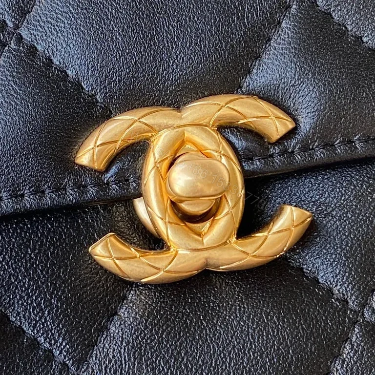 View 3 of Quilted Noir Lambskin Flap Bag with Gold Chain