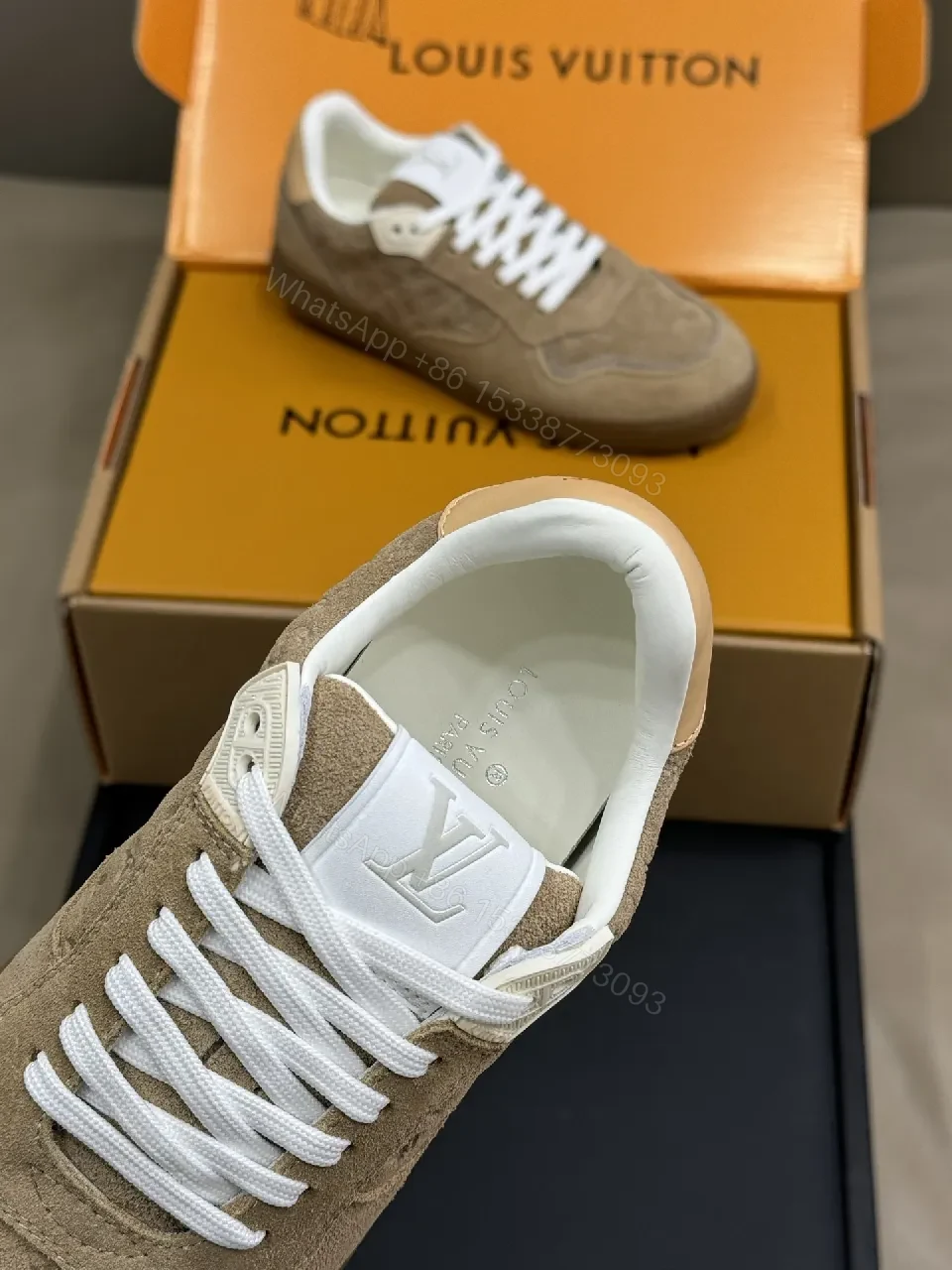 View 5 of Low-Top Luxe Sneaker: Taupe Suede, Monogram Textured Comfort