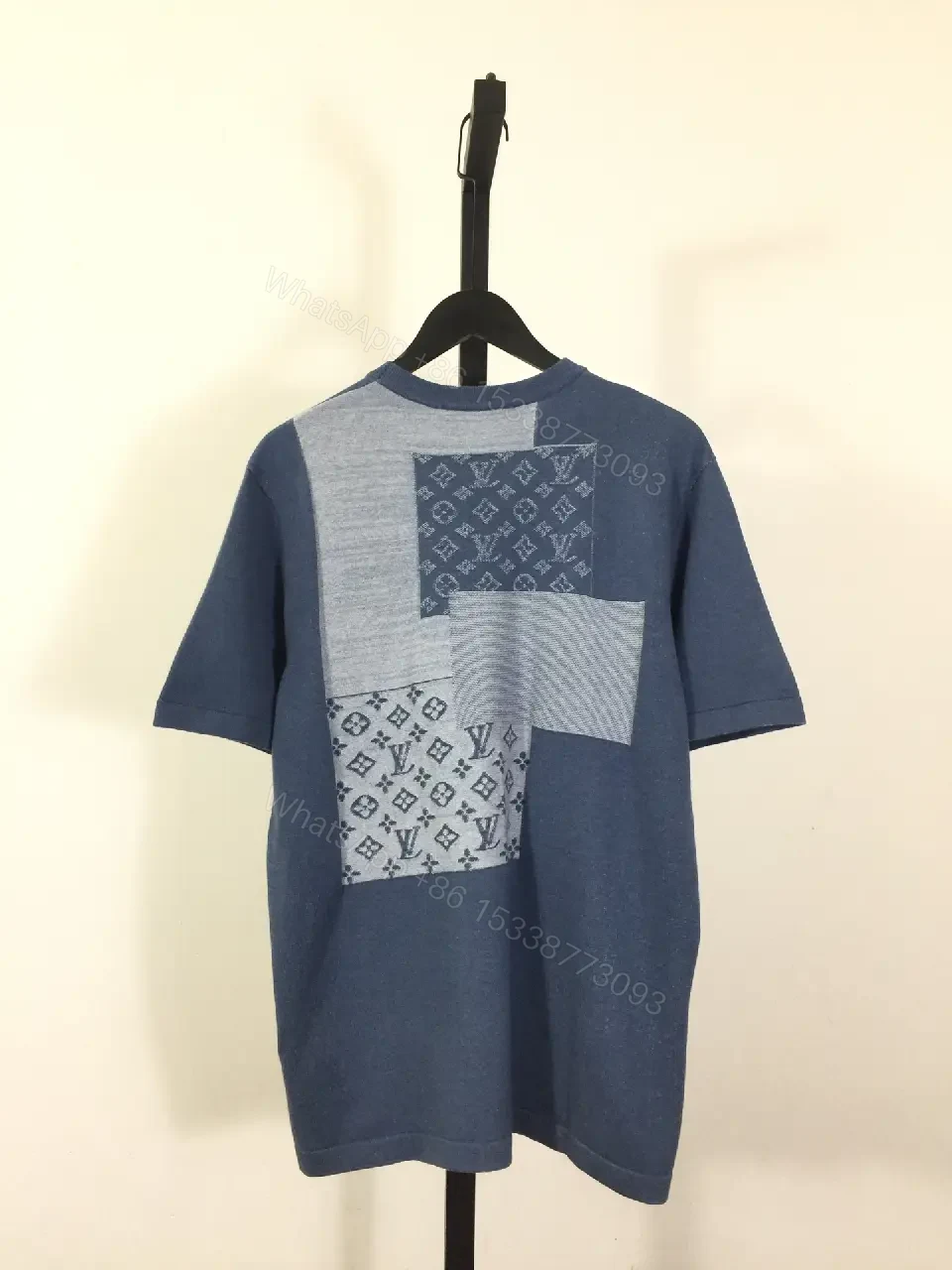 View 2 of Blue Patchwork LV-Patterned Casual Oversized Tee with Chest Pocket