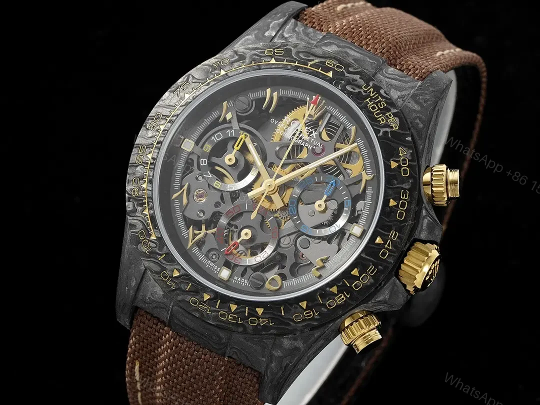 View 2 of Rolex Daytona 40mm Carbon Fiber Skeleton Dial Green Bezel Brown Strap Watch RLX-DAY-CARBON-40-GRN-BRN