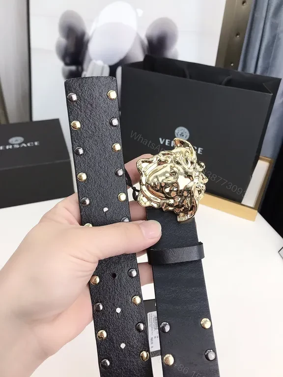 View 7 of Statement Belt: Black Leather, Medusa Buckle, Gold Studs, Luxury