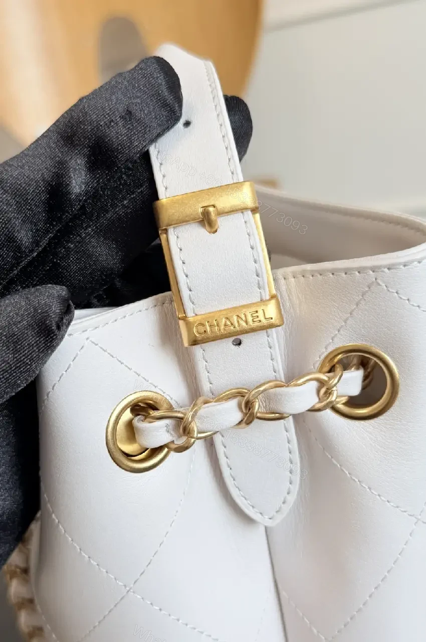 View 4 of White Quilted Tote with Gold Chain - Structured, Luxe Classic