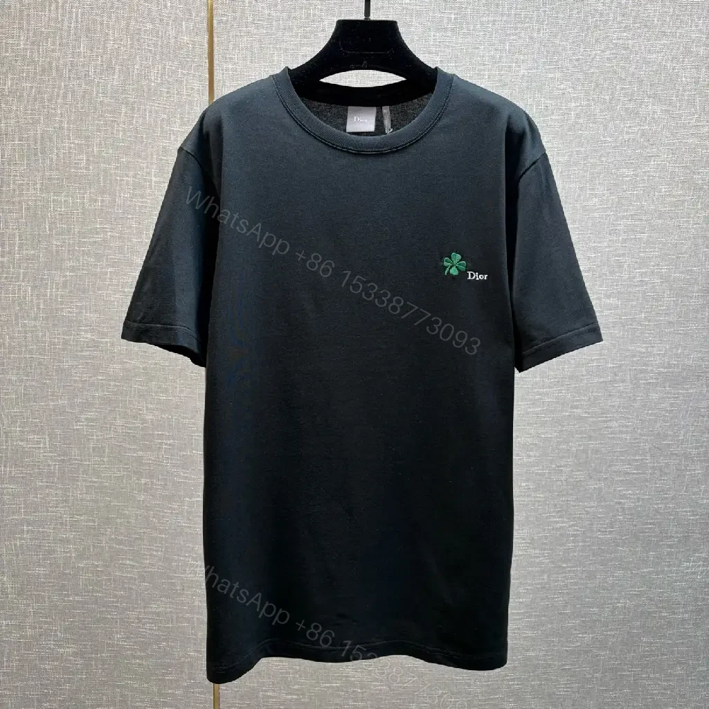 View 6 of Black Cotton T-Shirt with Green Clover Embroidery, Dior-inspired Style, Logo Feature, T-Shirt
