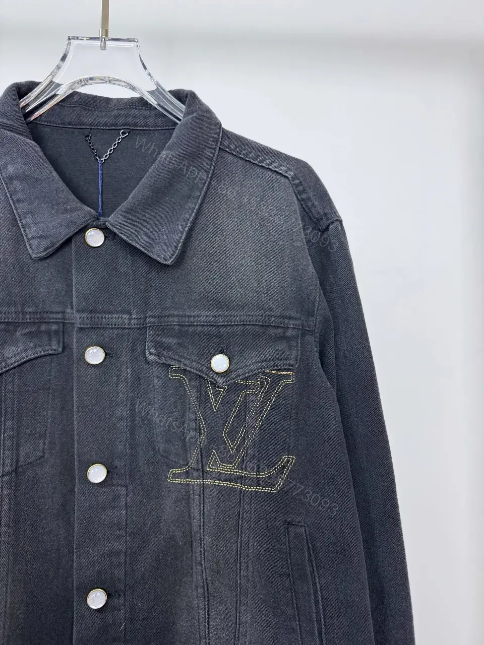 View 5 of Dark Denim Jacket + LV-Inspired Logo Stitching + Edgy Casual + Signature Logo Detail + Jacket