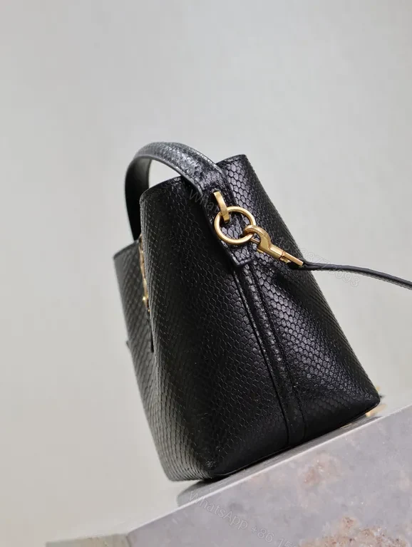View 9 of Chic Black Snakeskin Bucket Bag with Gold Hardware - Luxury