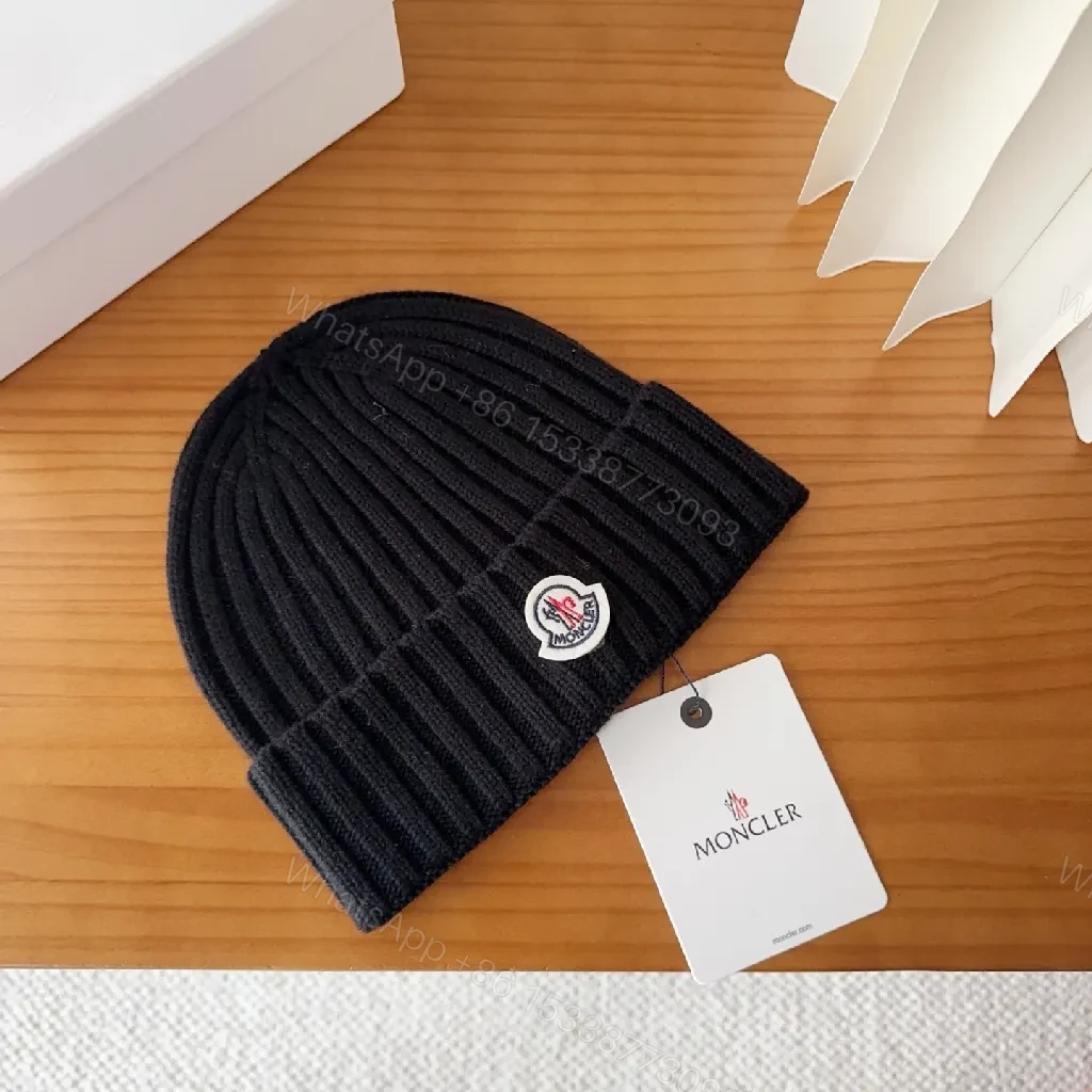 View 6 of Compact Knit Beanie with Moncler Patch - Black, Ribbed Style, Warmth
