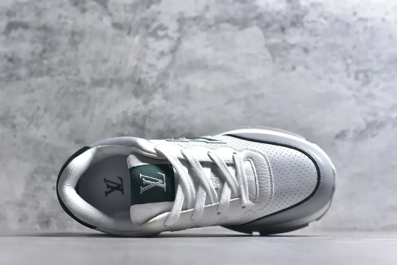View 2 of Modern Knit-Sneaker in Grey Leather with Green Accents, Comfortable Everyday Luxury