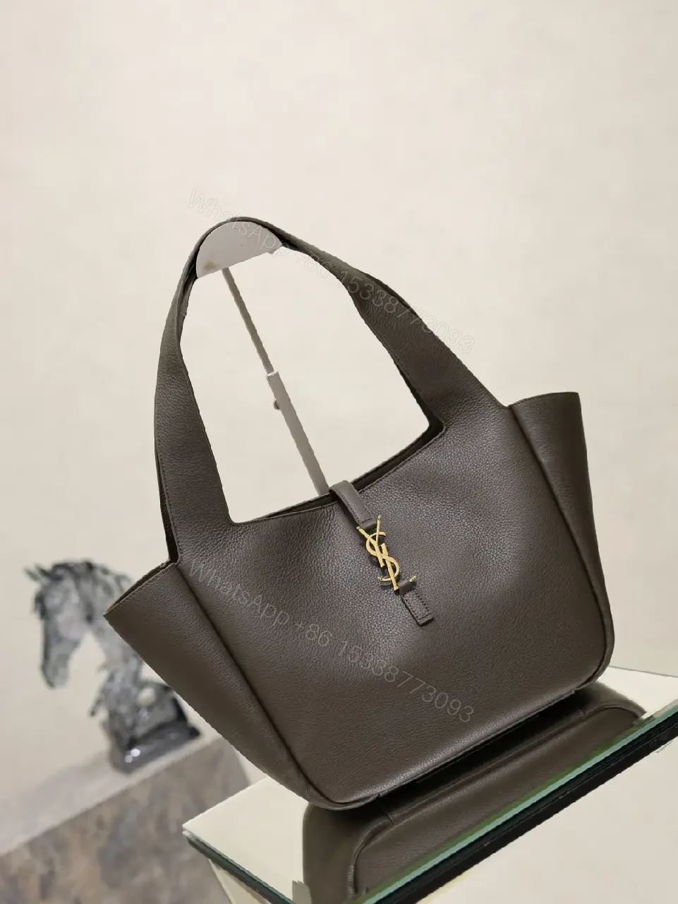 View 4 of Dark Brown/Black Pebbled Leather Tote with Gold YSL Charm