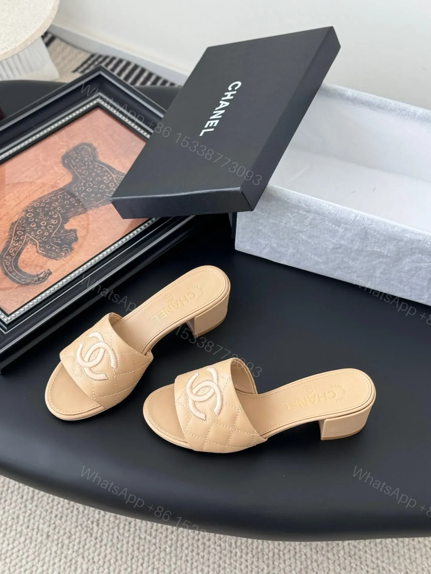 View 2 of Chanel Women Beige Leather Quilted Slides