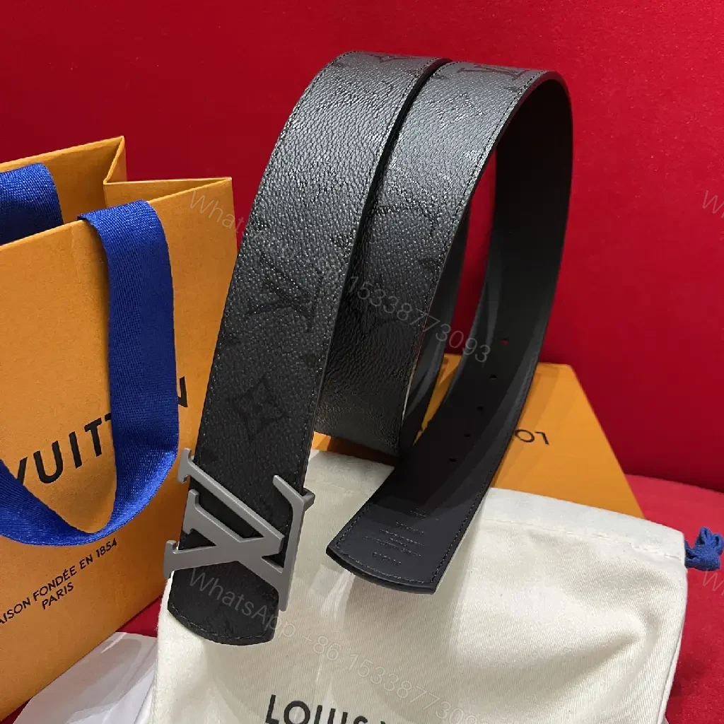 View 9 of Black Leather Belt Sleek Modern Pebbled Texture LV Buckle Belt