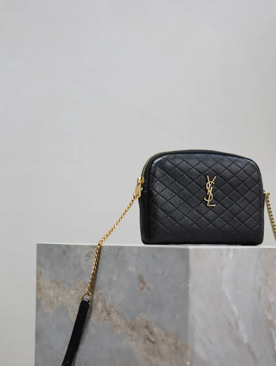 View 4 of Quilted Crossbody Bag with Gold Emblem, Compact Style