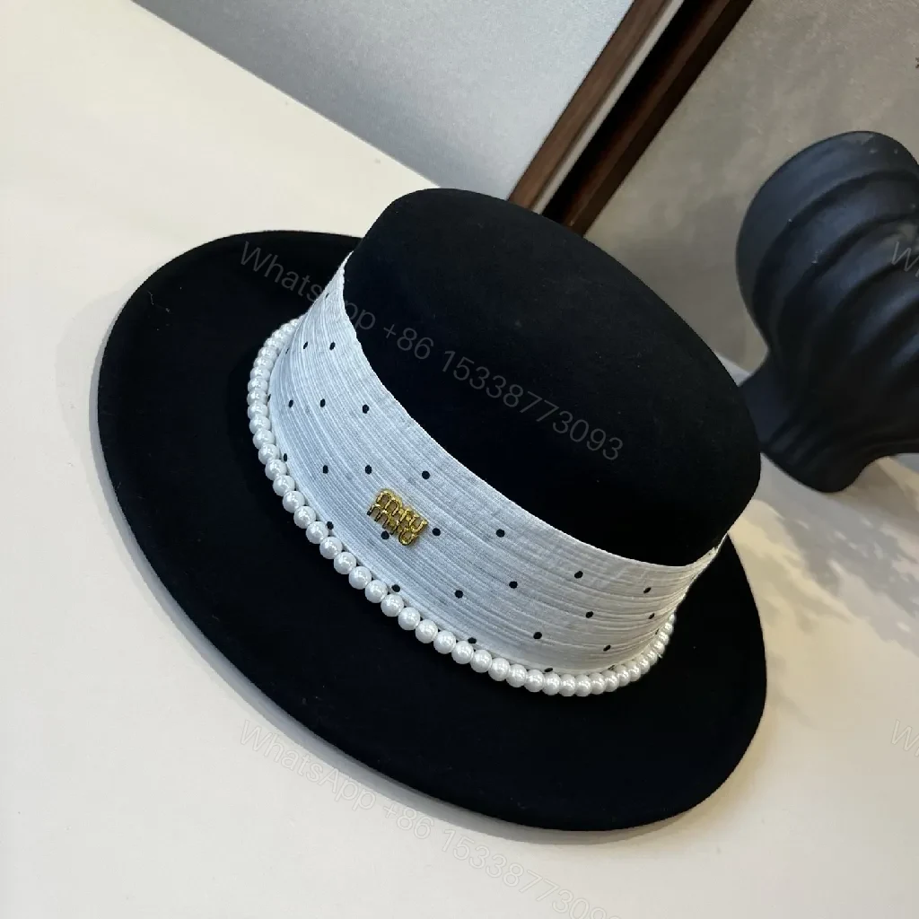 View 3 of Polka Dot Wide-Brim Hat with Pearl Trim, Felt, Luxe Style