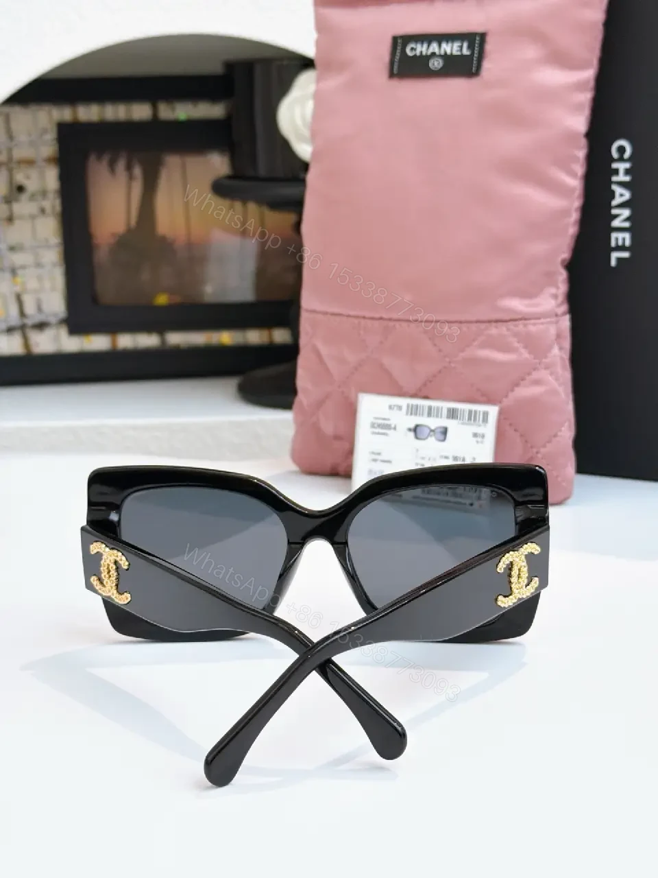 View 2 of Oversized Black Acetate Sunglasses with Gold Logo Details