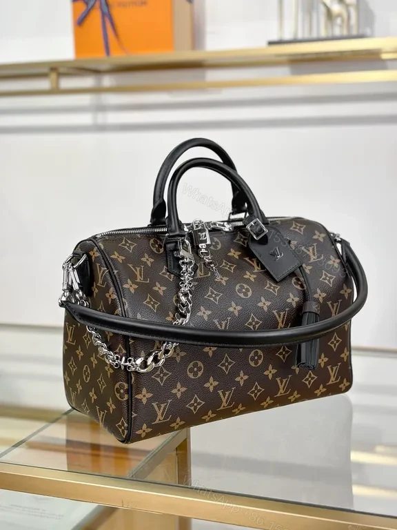 View 5 of Monogram Lux Satchel: Chain Detail Leather Trim Bag