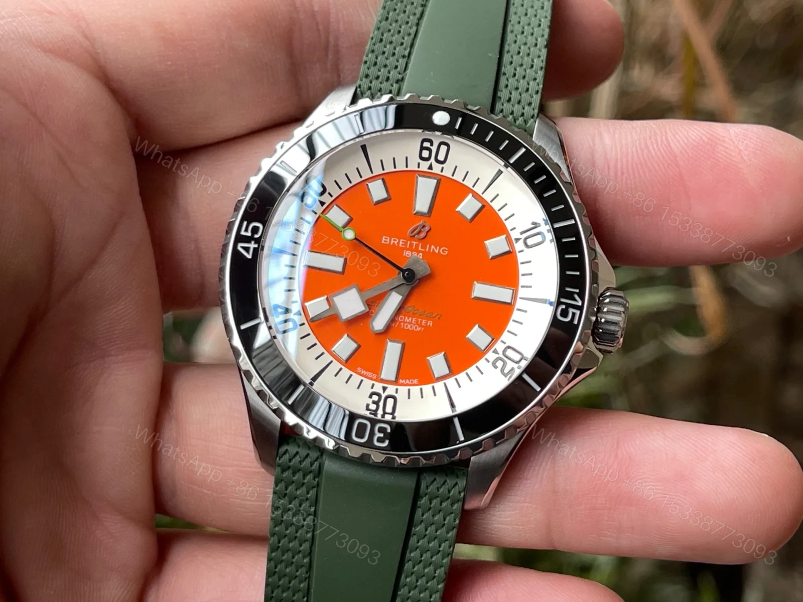 View 6 of Breitling Superocean Orange Replica 44MM Premium Green Rubber Strap Diver Edition BT-SO-ORN-GRN-44