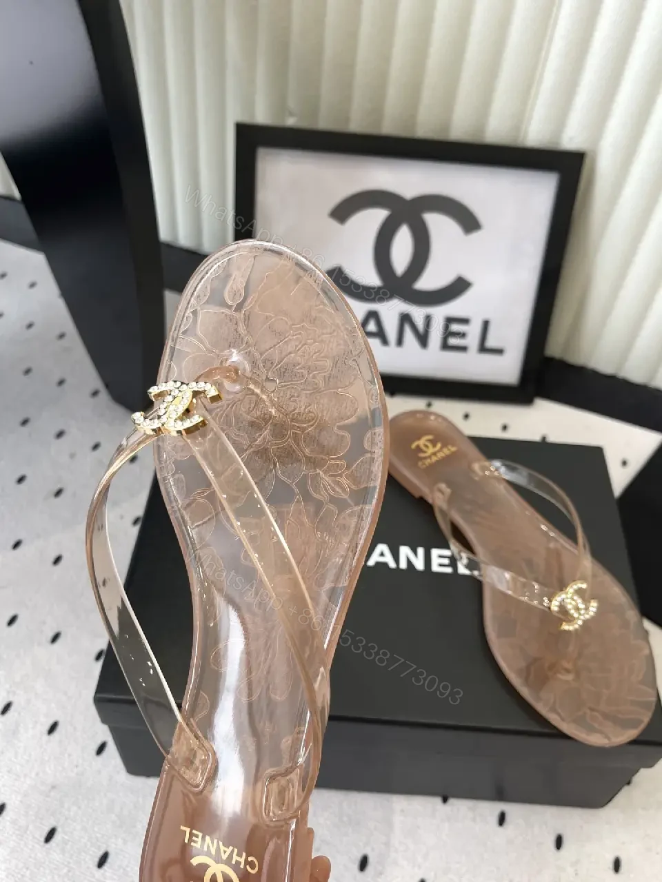 View 2 of Beige Leather Chanel Logo Flip-Flops Sandals