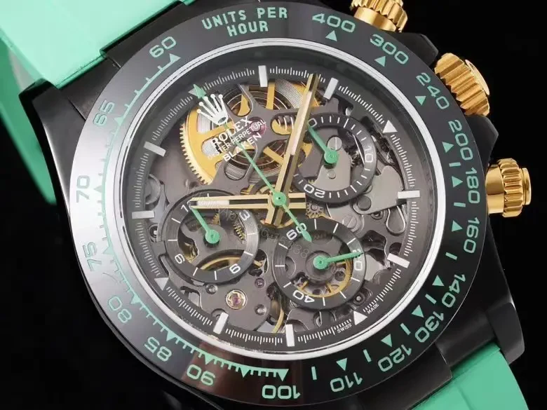 View 3 of Best Rolex Daytona Skeleton Green replica 40MM Mint Rubber Strap Carbon Edition ROLEX-DAYTONA-SKEL-GRN-RUB-40