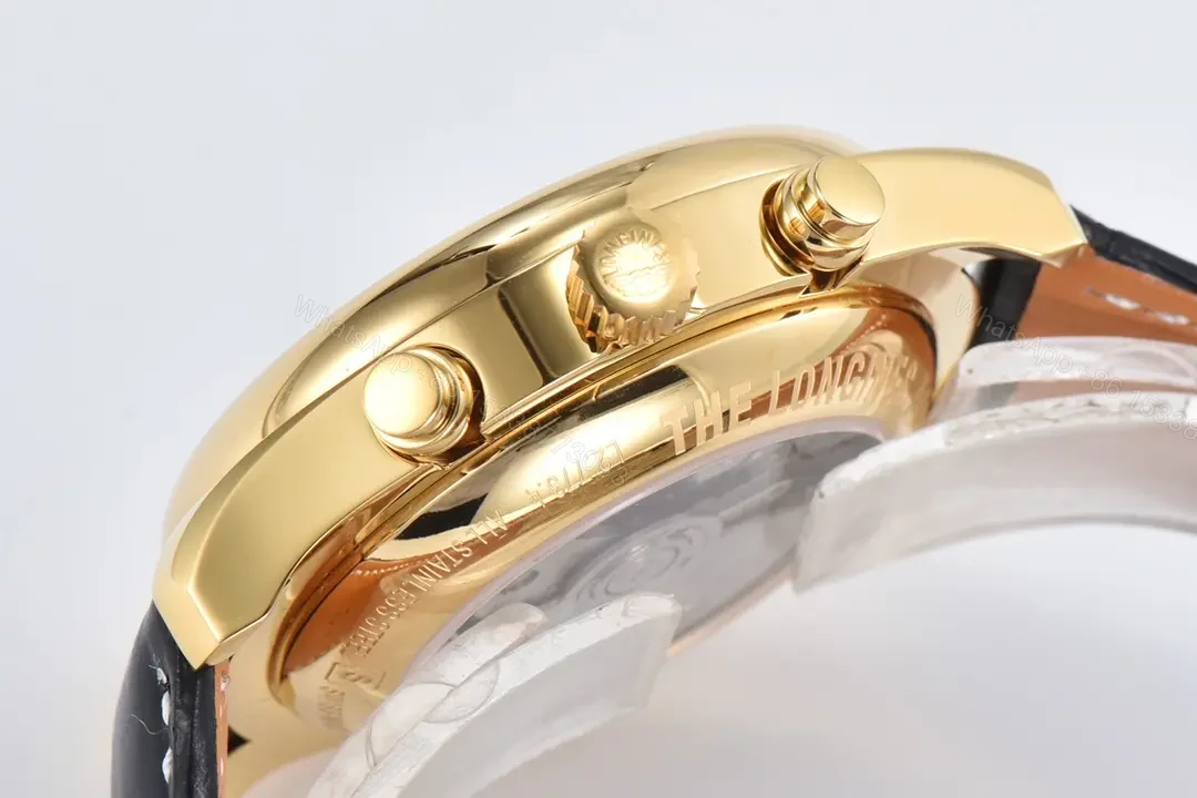View 6 of Longines Master Collection Moon Phase Chronograph Watch Gold Case Black Leather Strap White Dial