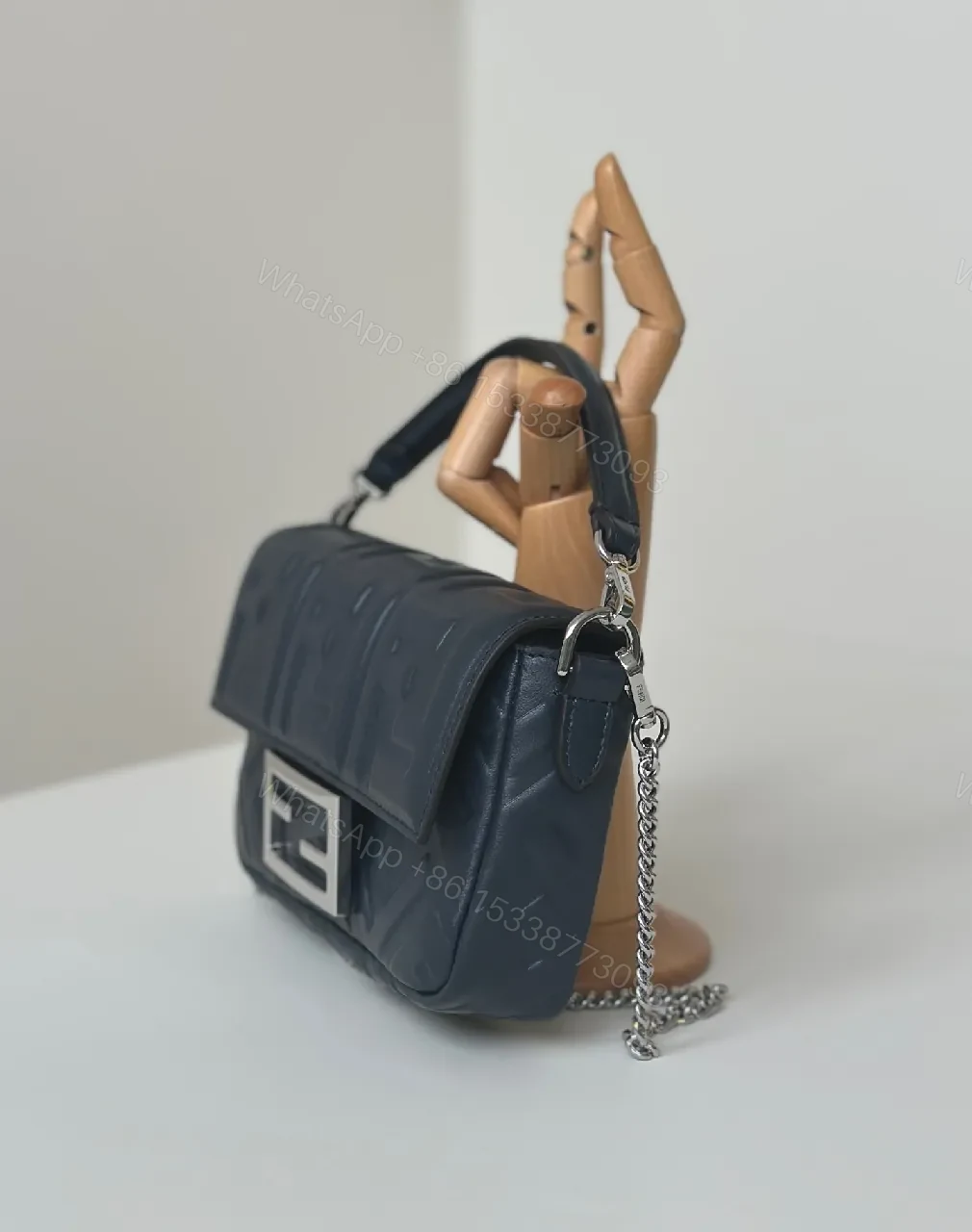 View 9 of Structured Quilted Navy Leather Shoulder Bag, Mini with Silver Hardware