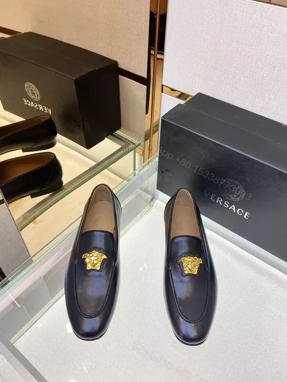 Navy Calfskin Loafers + Gold Medusa Buckle — Versace-Inspired Luxury — view 1