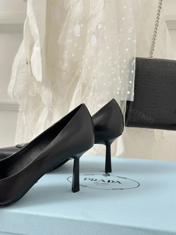 View 9 of Prada Black Leather Pumps â€“ Signature Triangle Logo, Pointed Toe