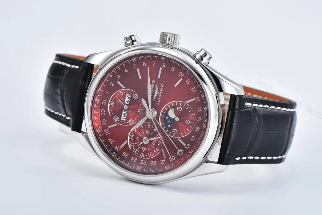 View 5 of Longines Master Collection Moonphase Chronograph Watch Red Dial Stainless Steel Case Black Leather Strap 42mm