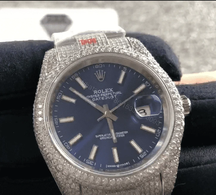 View 2 of Rolex Datejust 41 126300 Super Clone : Iced Out Diamond Bezel Blue Dial