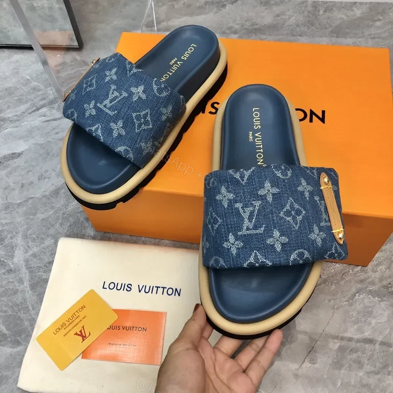 View 7 of Denim Monogram Slides: Luxe Comfort for Summer Style