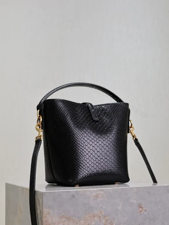 View 6 of Chic Black Snakeskin Bucket Bag with Gold Hardware - Luxury