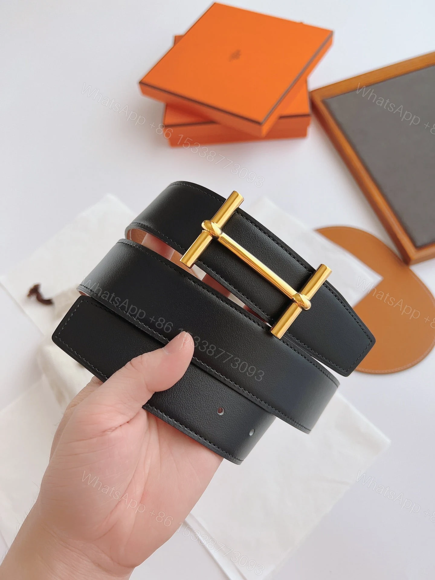 View 2 of HERMES LEATHER BELT GOLD BUCKLE BLACK 38MM