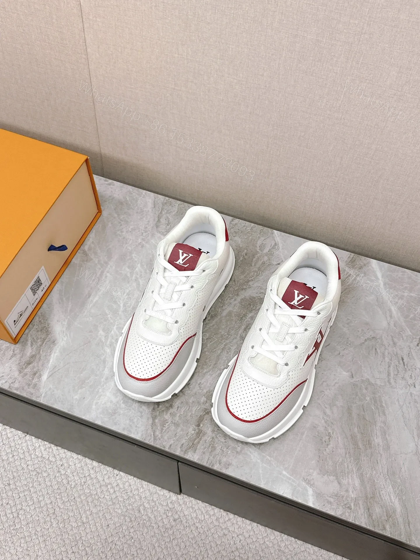 View 4 of LV Women White Leather Red Accent Sneakers