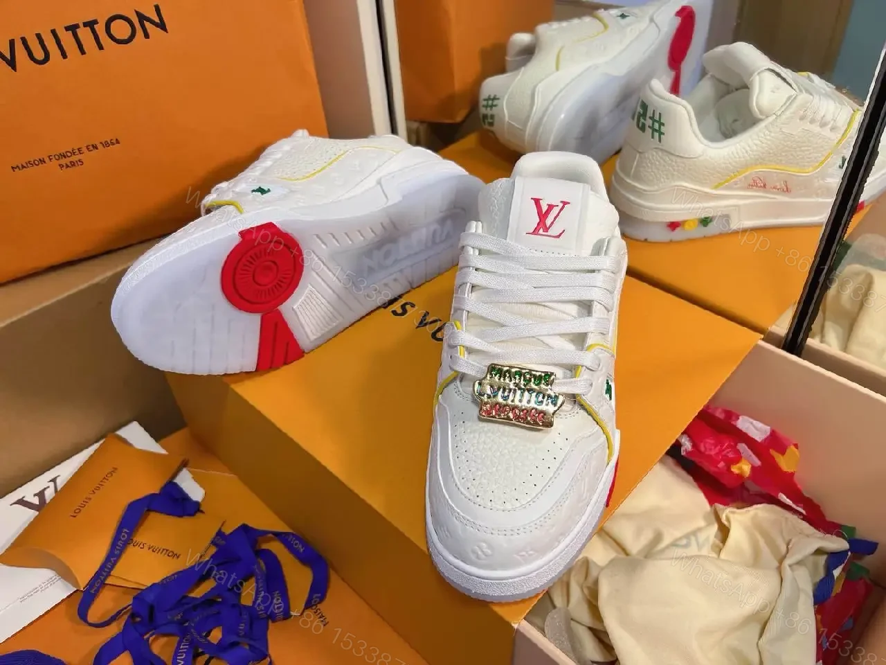 View 4 of Bright Neon Accents Premium White Leather High-Tops
