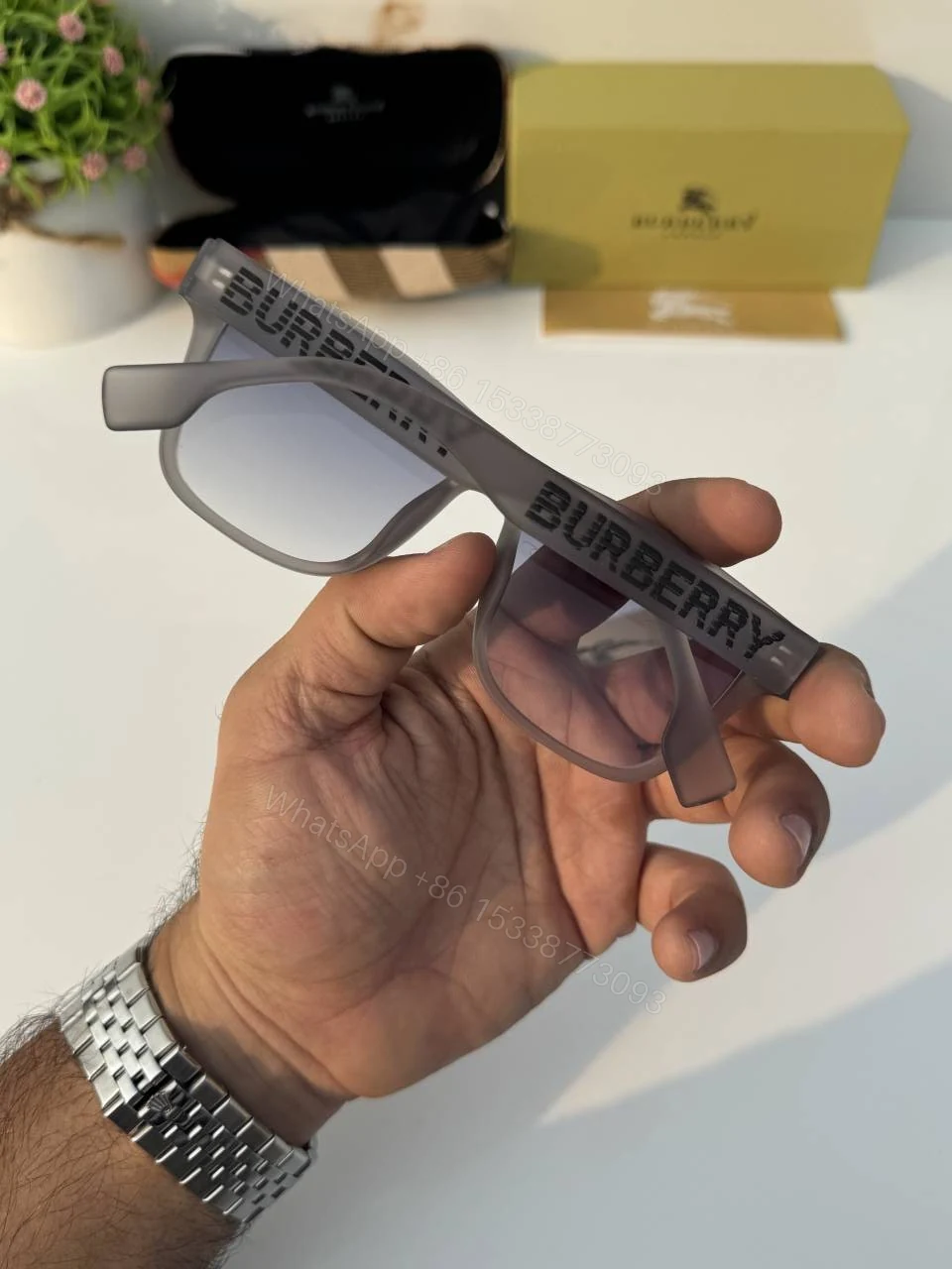 View 4 of First Copy Burberry Grey Square Unisex Sunglasses UV Protection Luxury Style