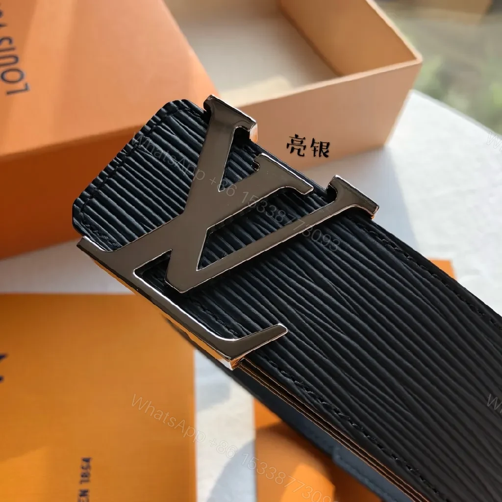 View 8 of Black Leather Belt with Signature LV-Style Buckle - Luxury Casual Belt
