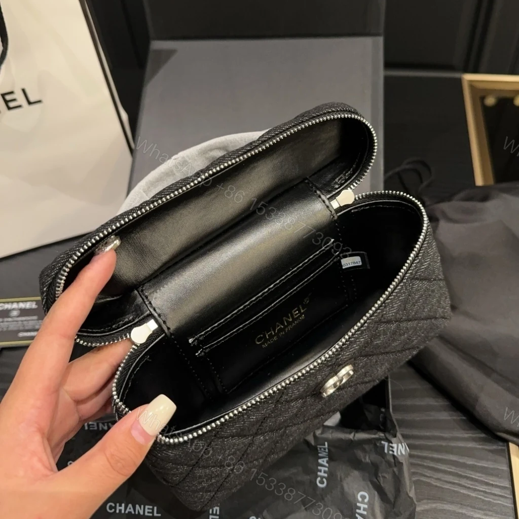 View 8 of Chanel Classic Vanity With Chain Silver Tone Denim Black 19cm