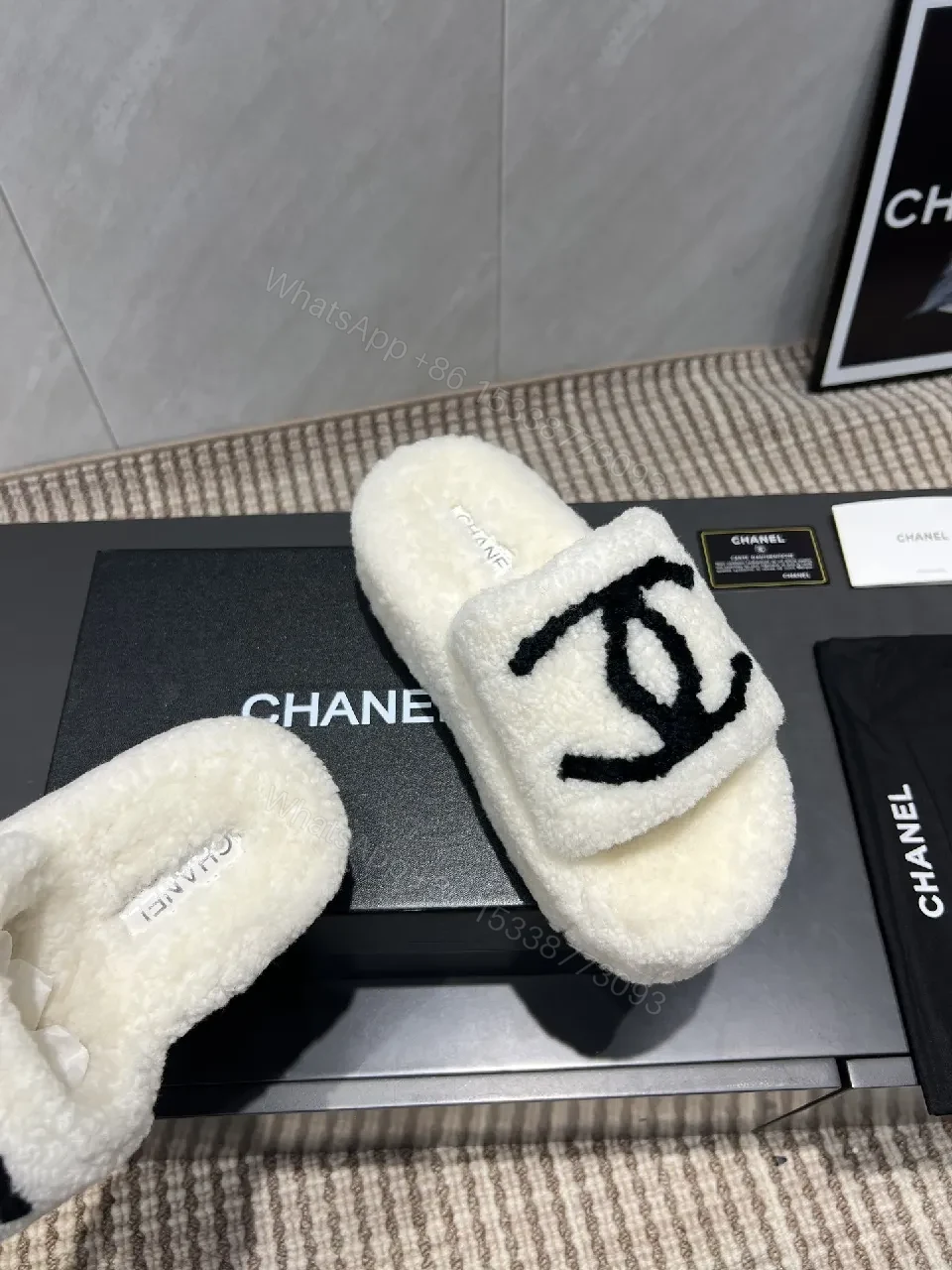 View 3 of Chic Plush Slippers: Memory-Foam Comfort, Logo Detail