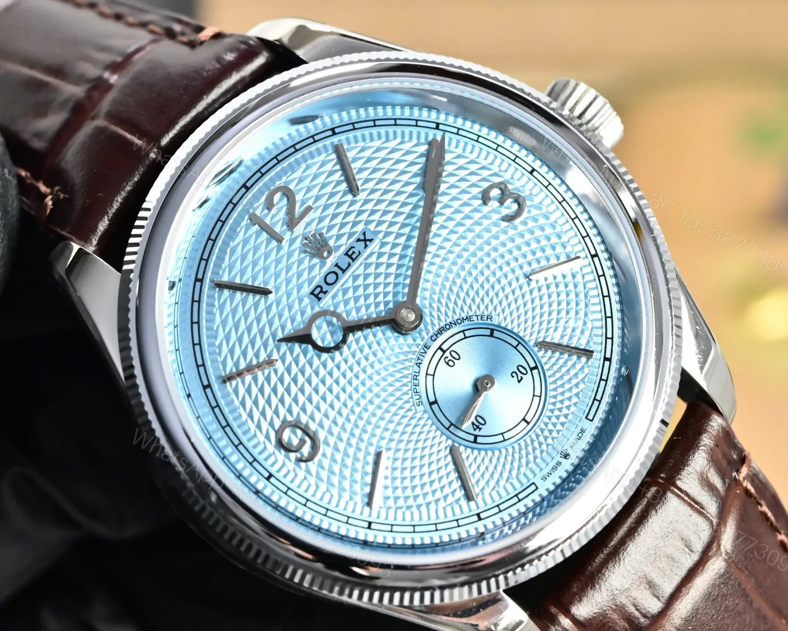 View 9 of Rolex Perpetual 1908 39 Platinum Ice Blue Dial Brown Leather Strap 52506-0002