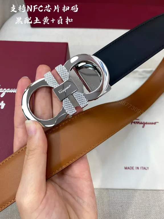 View 7 of Bold Black Calf Leather Belt with Double Gancini Buckle (Ferragamo)
