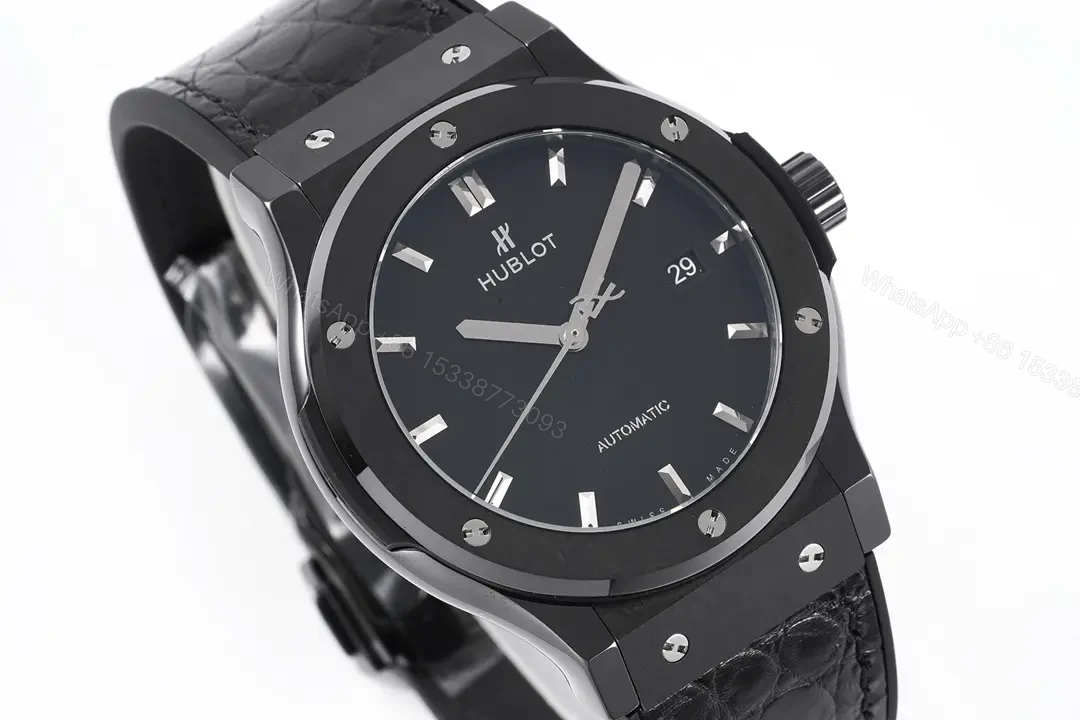 View 2 of Hublot Classic Fusion Black Ceramic Automatic Watch with H-Shaped Titanium Screws and Crocodile Leather Strap